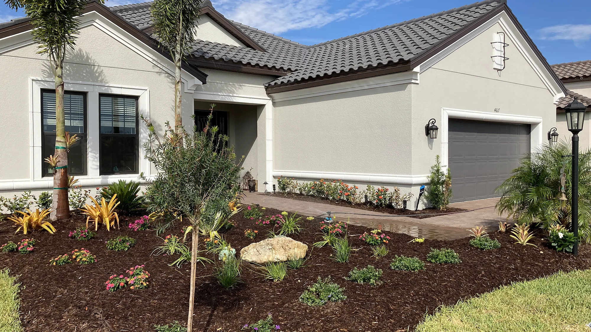 New front-yard planting bed with palms, bromeliads, a boulder and fresh mulch at a Florida home