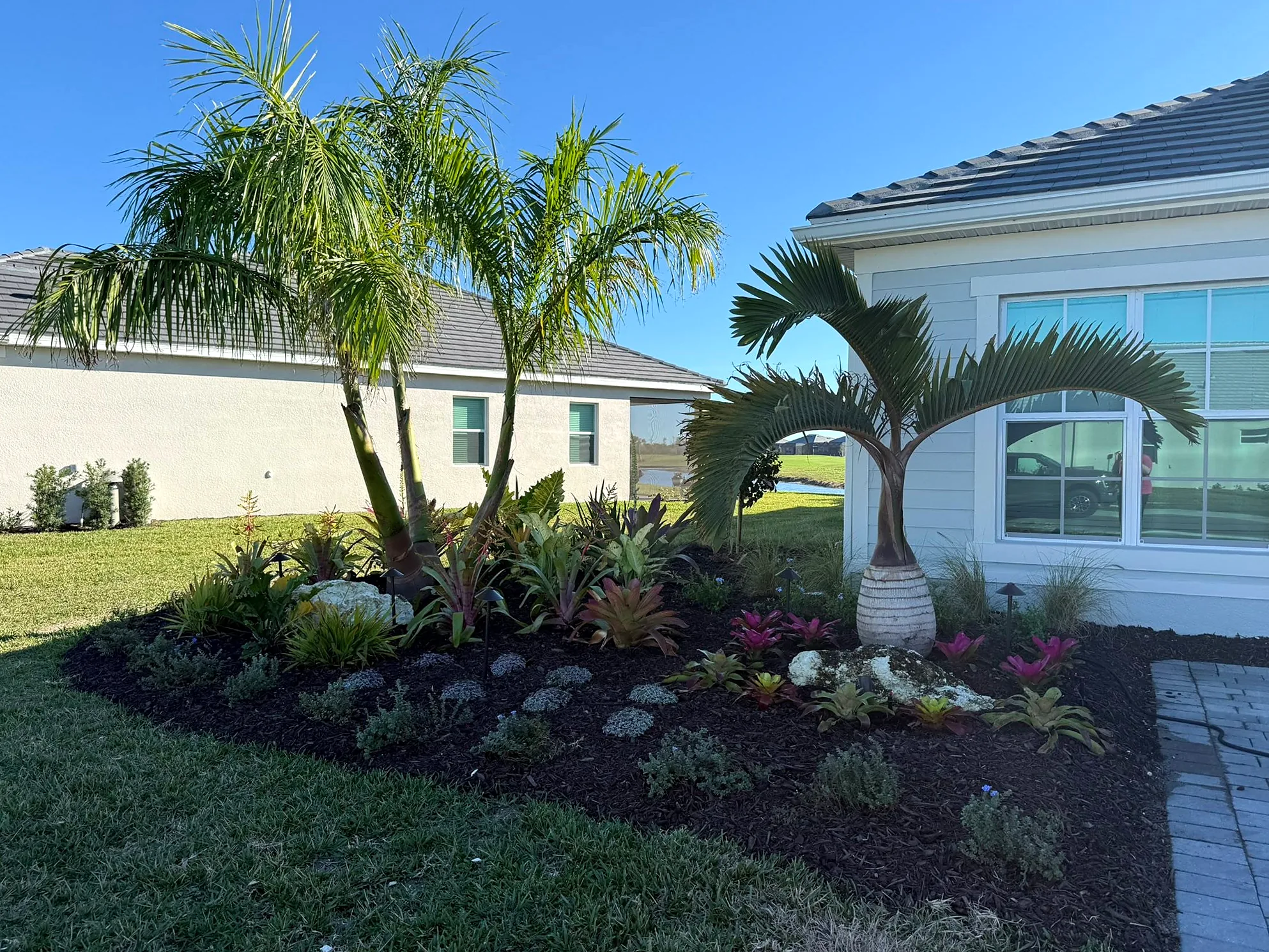 Foxtail palms and a rock-accented planting bed at a farmhouse-style home