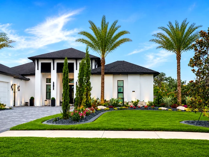 Curved beds, palms and a paver driveway at a modern white home