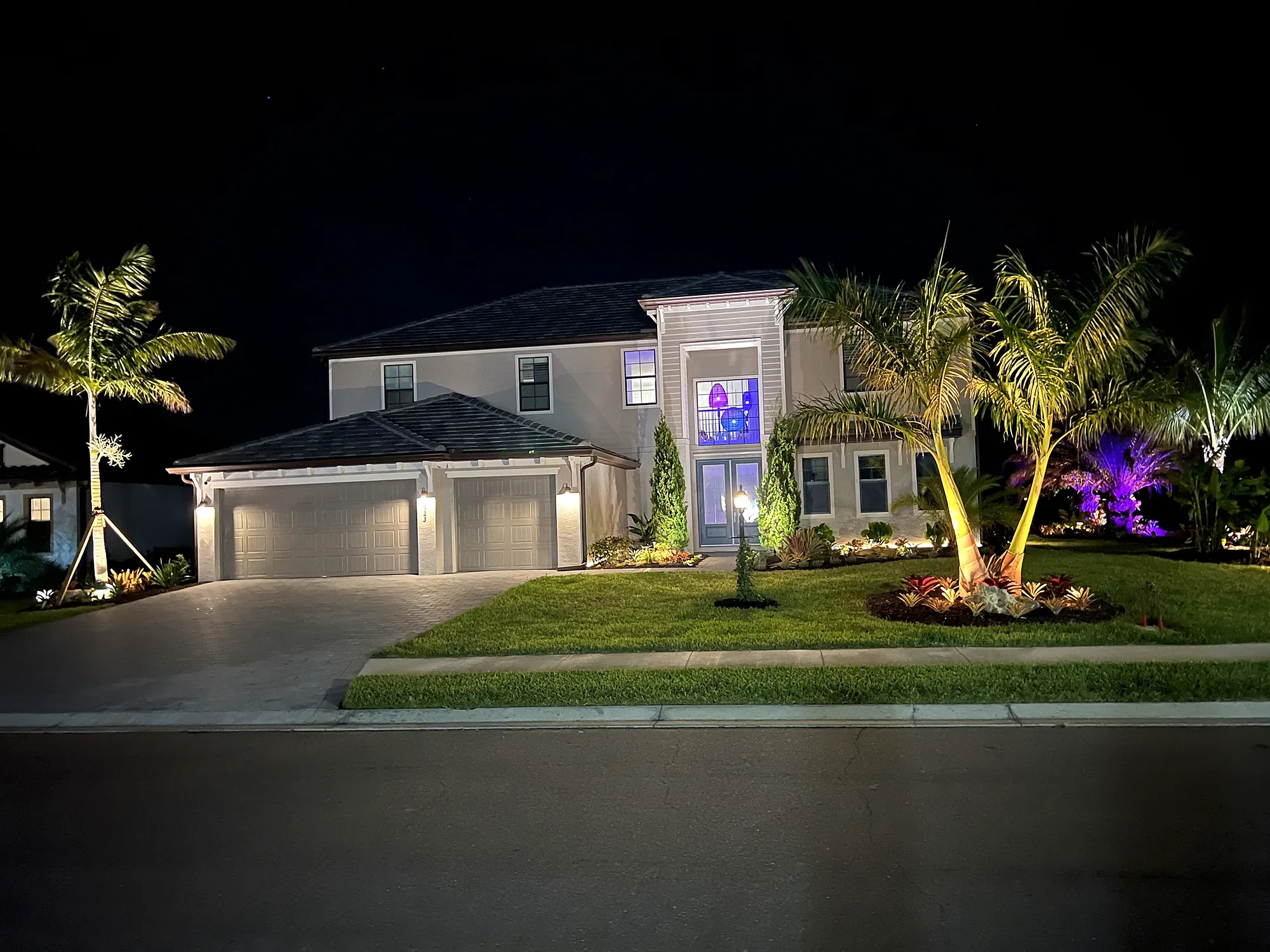 Landscape lighting on palms and planting beds at night at a two-story home