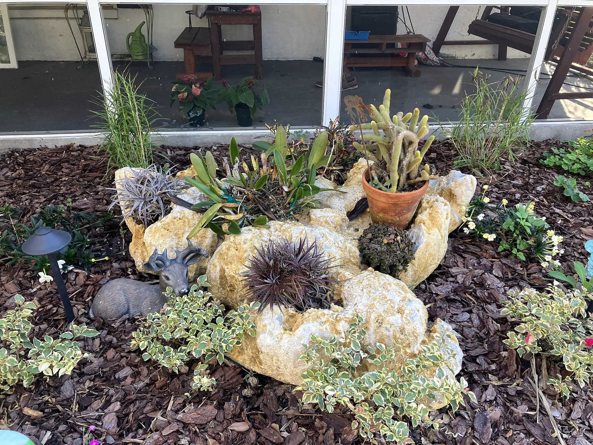 Rock and succulent bed with boulders beside a screened lanai