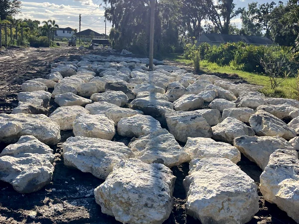 Rows of large rock boulders delivered for a project