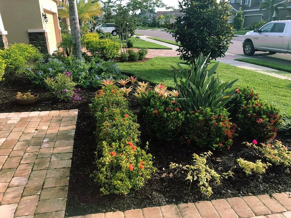 Paver walkway curving between new planting beds