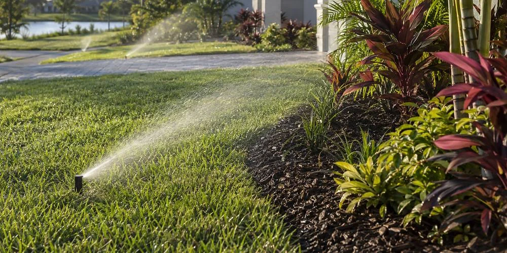 Pop-up sprinkler watering a lawn beside a tropical planting bed