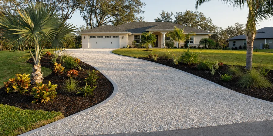 Curved white crushed shell driveway leading to a one-story Florida home, lined with palm and croton beds